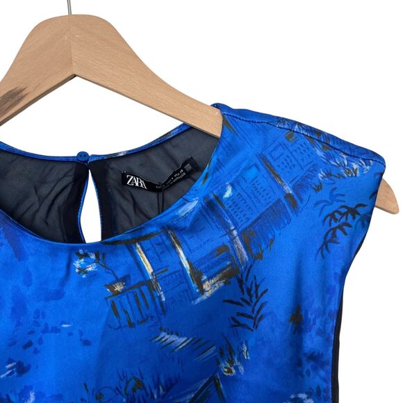 ZARA Oriental Printed Satin Midi Dress Ruched Shoulder Pads Keyhole Blue Small - Picture 8 of 12